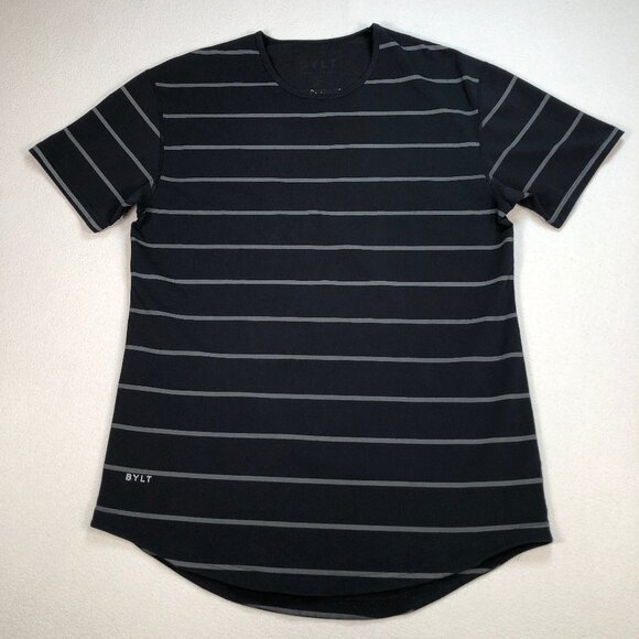 BYLT T-Shirt Mens M Black Stripe Drop Cut LUX Stretch Crew Neck Tee Short Sleeve - Picture 1 of 12